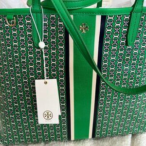 Tory Burch Gemini Link Green Coated Canvas Tote